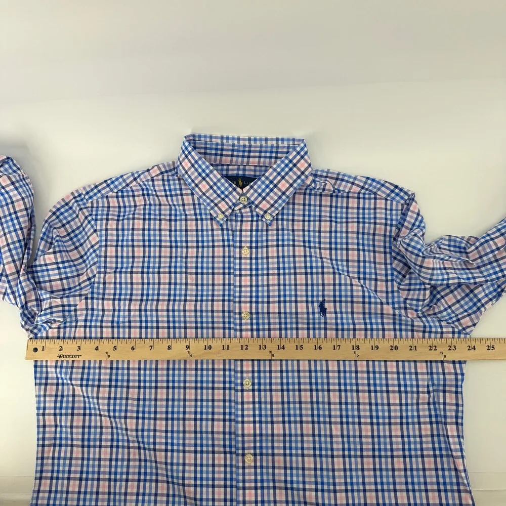 Polo Ralph Lauren Button Down Mens Large Blue Pink Check Performance Classic Fit